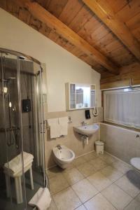 圣佩莱格里诺温泉阿伏伽德罗酒店的带淋浴、卫生间和盥洗盆的浴室