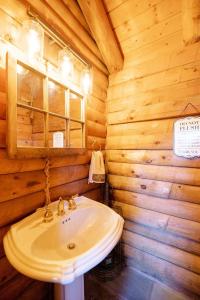 TunkhannockCharming Rustic Cabin 3,600sf with Private Pool, Hot Tub & Sauna!的小木屋内带水槽的浴室