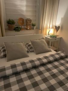 斯塔加德什切青Apartament Stella Park的一张带 ⁇ 子毯子和枕头的床
