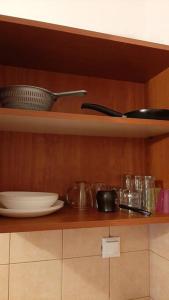 阿姆菲克利亚Ορεινό καταφύγιο Παρνασσού的厨房里摆放着碗和餐具的架子