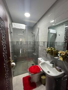 海尼夫拉APPART HOTEL OUED EDDAHAB的带淋浴、卫生间和盥洗盆的浴室