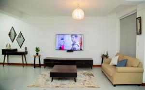 坎帕拉Brand New Condo Apartment的客厅配有沙发和墙上的电视