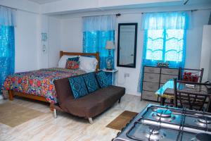 Arnos ValePRI Studio Apartment的一间卧室配有床、沙发和蓝色窗帘