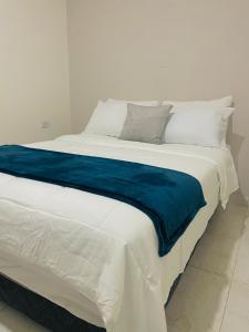蒙特里亚Apartamento 202 Entero的一张白色的大床,上面有蓝色的毯子