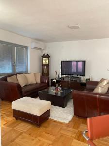 比托拉Luxury apartment的客厅配有皮革家具和平面电视