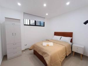 皮斯科Casa San Andrés Arenas con sala de billar的白色卧室配有床和镜子
