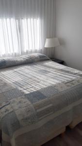 内乌肯DEPARTAMENTO AMOBLADO NEUQUEN 2的一间卧室配有一张大床,床上有毯子