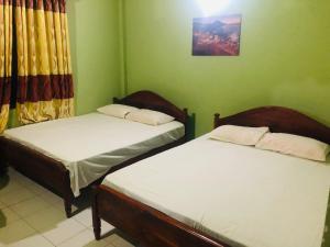 阿努拉德普勒River Garden Hotel Anuradhapura的绿墙客房内的两张床