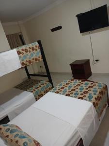 巴兰基亚hotel paseo colon inn的一间设有两张床和一台电视的房间