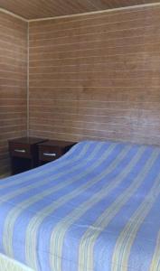 柯纳里佩Suite doble Coñaripe的一间卧室配有一张带蓝色棉被的床