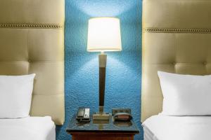麦卡伦Baymont by Wyndham McAllen Pharr的两张床之间的台灯和电话