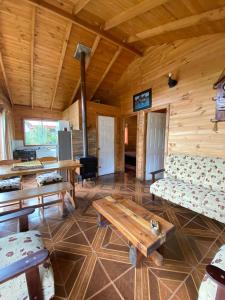富特罗诺CABAÑAS RUCA MALAL的小木屋内的客厅设有木制天花板