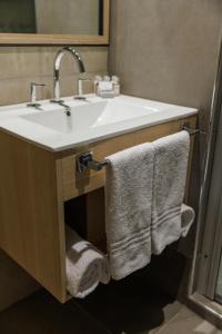 门多萨Fuente Mayor Hotel Terminal的浴室配有水槽和毛巾。