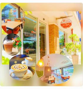 洛坤府橙色原味酒店的一家餐厅与一家咖啡店的照片拼合在一起