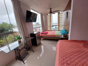 阿夏Villa Del Solar的一间卧室设有一张床、一台电视和一个窗口。