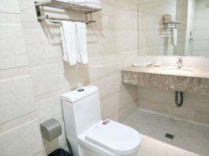 哈尔滨哈尔滨华西宾馆(冰雪大世界店)的白色的浴室设有卫生间和水槽。