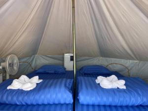 Sirindhornปลายเขื่อนแคมป์ปิ้ง的帐篷内的两张床和毛巾