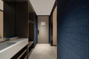 济南济南和谐广场省立医院轻居酒店的一间带水槽和蓝色墙壁的浴室