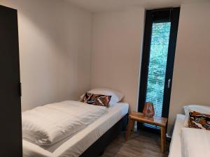 比塞尔Vakantiewoningen Eyveld的小房间设有两张床和窗户