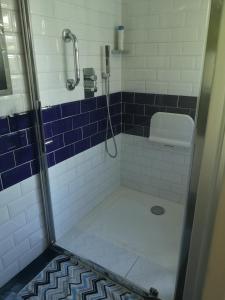ManstonCedar Top的浴室设有淋浴、卫生间和蓝色瓷砖。