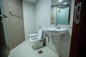 尼亚美Niamey Mall & Residence的一间带卫生间、水槽和镜子的浴室