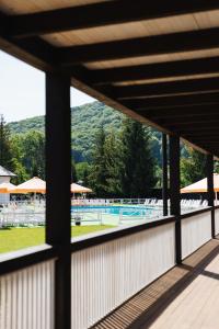 维日尼察Парк-готель Там, де гори...的透过窗户可欣赏到游泳池的景色