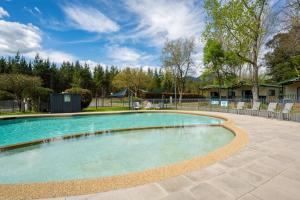 布赖特布莱特住宿公园酒店的庭院内的游泳池,带椅子和树木