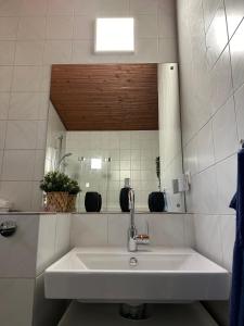 萨格勒布Maksimirhouse的白色的浴室设有水槽和镜子
