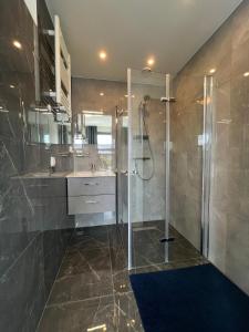 海牙Cosy Apartment in the Hague!的带淋浴和盥洗盆的大浴室