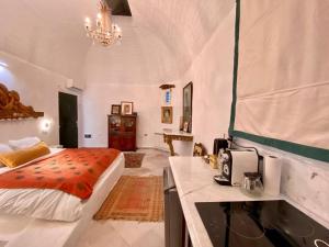 西迪·布·赛义德Si Brahim studio piscine, Sidi Bou Saïd的一间卧室配有一张床,厨房配有柜台