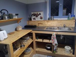 佩皮尼昂Studio d'aqui et d'ailleurs的厨房配有水槽和带木制橱柜的台面。
