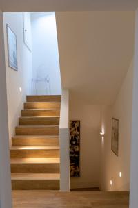 特伦托Casetta al centro的一座铺有木地板的房屋内的楼梯
