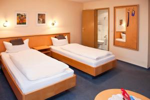 Erlenbach am MainHotel bei Liebe's的酒店客房带两张床和一间浴室