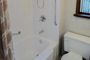 萨格奈La Maison Gagnon的浴室配有卫生间、浴缸和水槽。