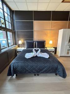 多德雷赫特Cozy Studio S2, City Centre Dordrecht的一间卧室配有一张大床和两条毛巾