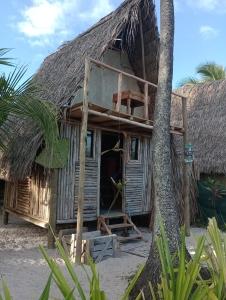 卡马萨里Cabana família coruja的海滩上带茅草屋顶的房子