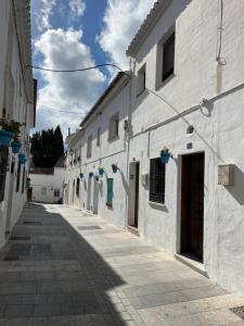 米哈斯Ataraxia Casa Vacacional的镇上空的小巷,有白色的建筑