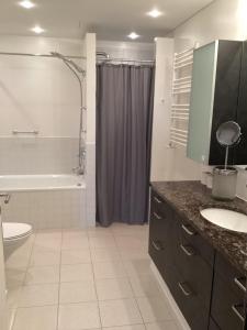 奥胡斯Unik udsigt og beliggenhed的浴室配有盥洗盆、卫生间和浴缸。