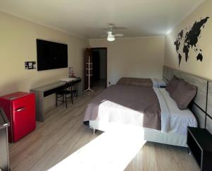 南卡希亚斯Casa do Rogerio Hostel - Unidade Shopping的一间卧室配有一张床、一张书桌和一台电视
