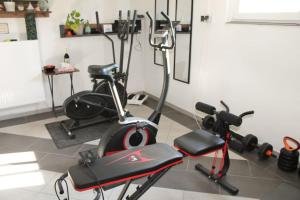 LageExklusive Dorfpension mit Pool und Sauna的健身房设有两辆健身自行车和跑步机