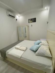 Nieuw NickerieCity Appartementen New Nickerie - 4-6p的一间卧室配有带白色床单和蓝色枕头的床。