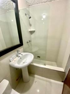 齐克拉约Hotel Plaza Teatro的白色的浴室设有水槽和淋浴。