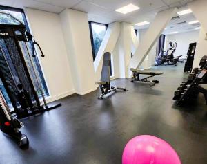 奥克兰The Residences Ellerslie的健身房设有跑步机和粉红色球