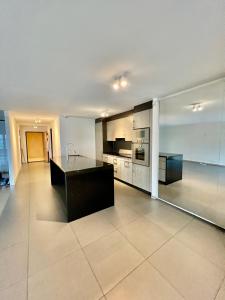 蒙特勒Spa luxury app for 2 or 4 pers centre lac view的一间大厨房,在房间内有一个黑岛
