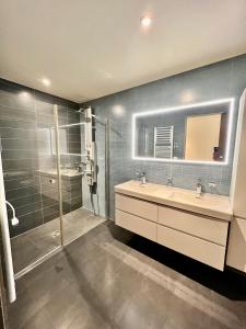 蒙特勒Spa luxury app for 2 or 4 pers centre lac view的带淋浴、盥洗盆和镜子的浴室