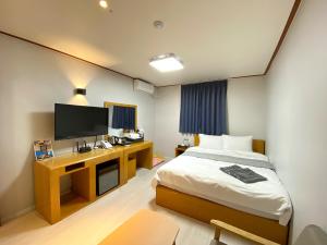 忠州市Suanbo Hot Spring Healing Hotel的酒店客房,配有床和电视