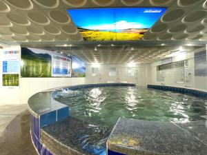 忠州市Suanbo Hot Spring Healing Hotel的大型游泳池设有天花板上的电视