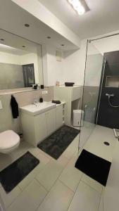 韦瑟灵Luxus Wohnung Köln/Phantasialand/Bonn/ Messe的浴室配有卫生间、盥洗盆和淋浴。