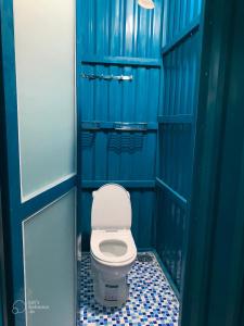 Tây NinhVulunVili Homestay的一间蓝色浴室,在摊位设有厕所