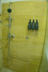 阿克拉3D's Luxury Properties的浴室里配有带4个黑色瓶子的淋浴